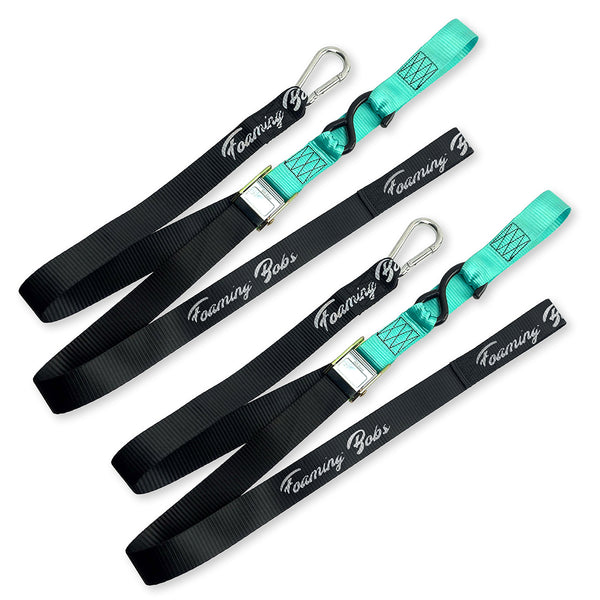 Foaming Bob's Pro 1.5" wide Tie Downs with Carabiner Clip and Extra Loop Motocross - Aqua/Black